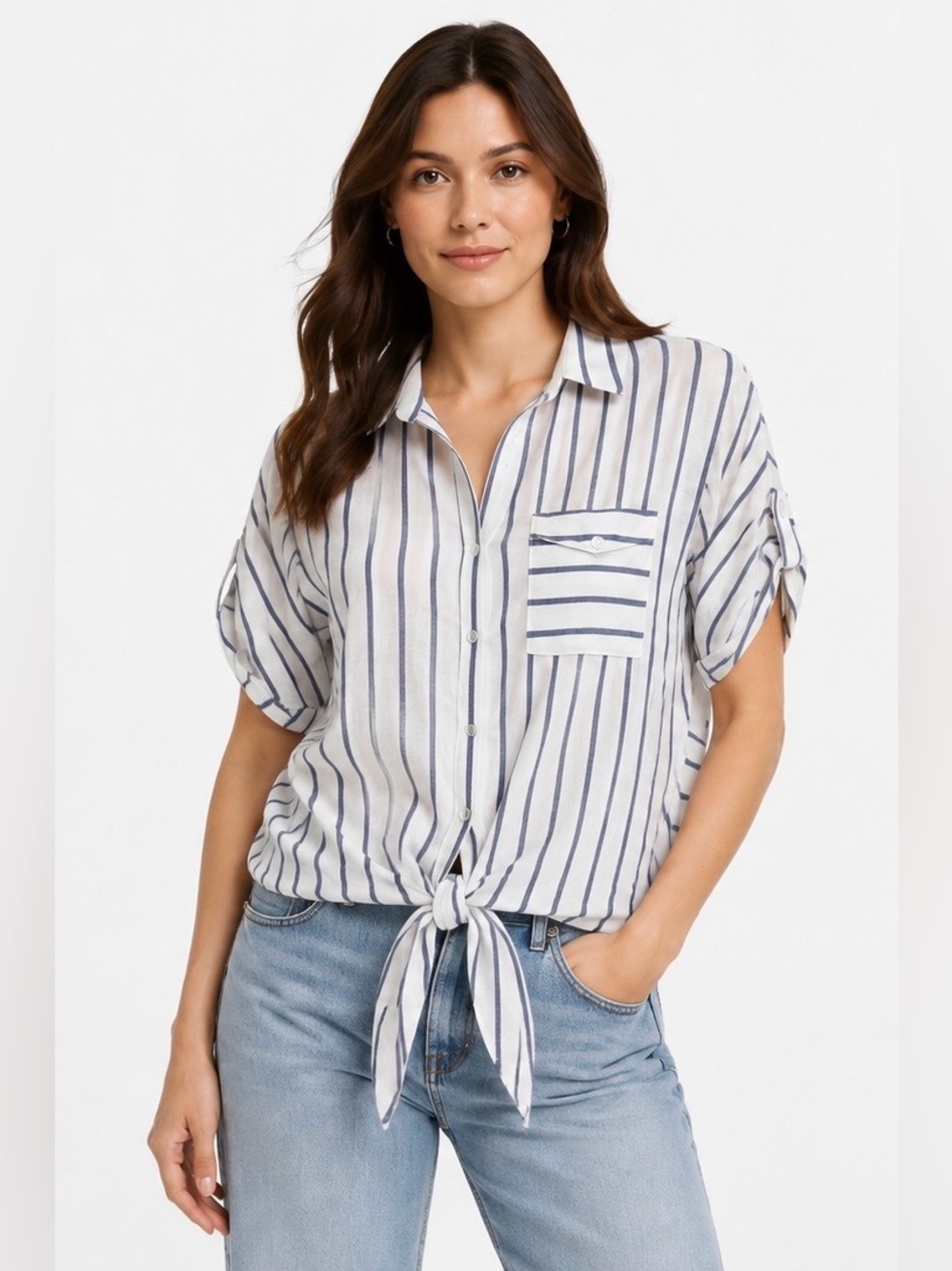 Eden & Olivia Striped Tie Front Button Down Shirt Top Size M NWT